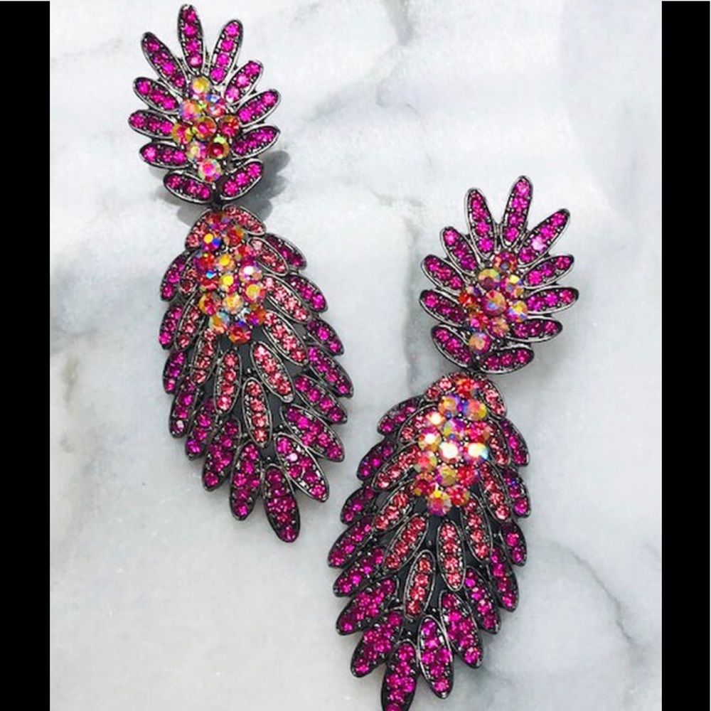 Fuchsia Crystals Gunmetal Earrings,NWT-Boutique